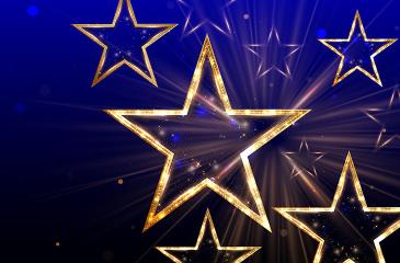 Golden star with golden on dark blue background with lighting effect and sparkle